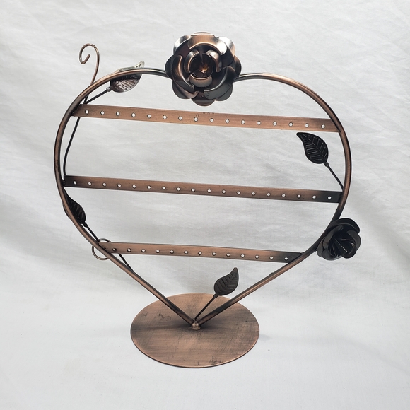 Vintage Bronze Heart Shaped Metal Earrings Holder Floral Accents - Picture 1 of 4